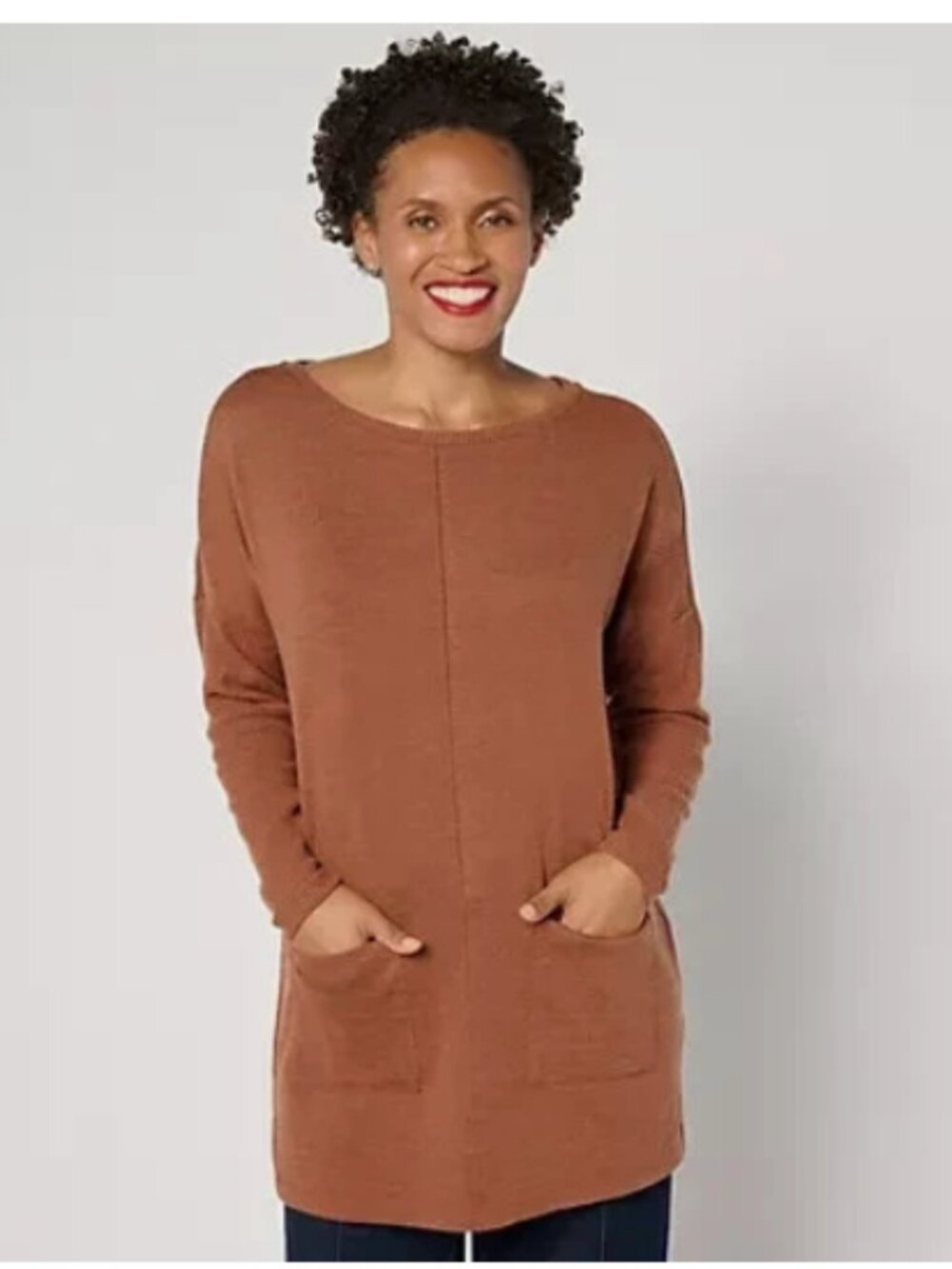 Denim Co Heavenly Jersey Rlxd Fit Boatneck Tunic-Crml Brown-Petite Small-A630347